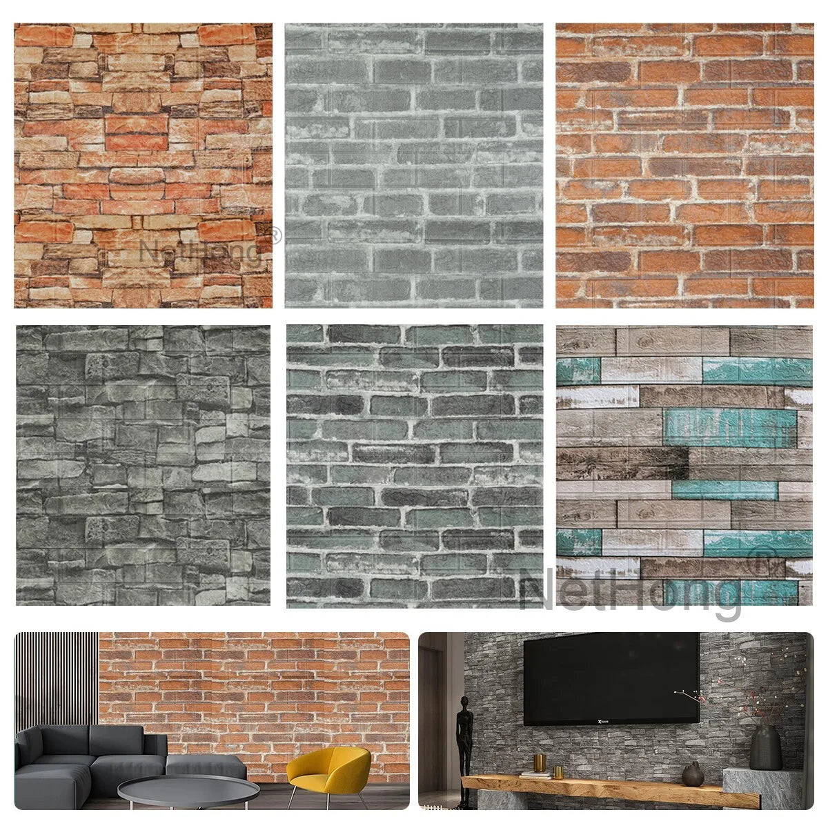Waterproof Brick Stone Wallpaper Self Adhesive Vinyl Wall Decor Sticker 70*77Cm