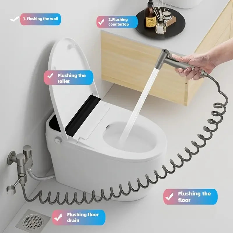 1 Set 304 Stainless Steel Wire Drawing Non-Punching Booster Toilet Spray Gun - Female Washing Device with Small Flower Sprinkler