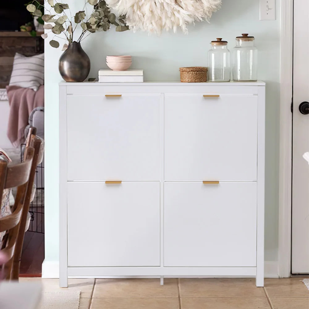 Livingandhome Flip Down Wood Shoe Cabinet in White for Hallway, Mudroom or Entryway