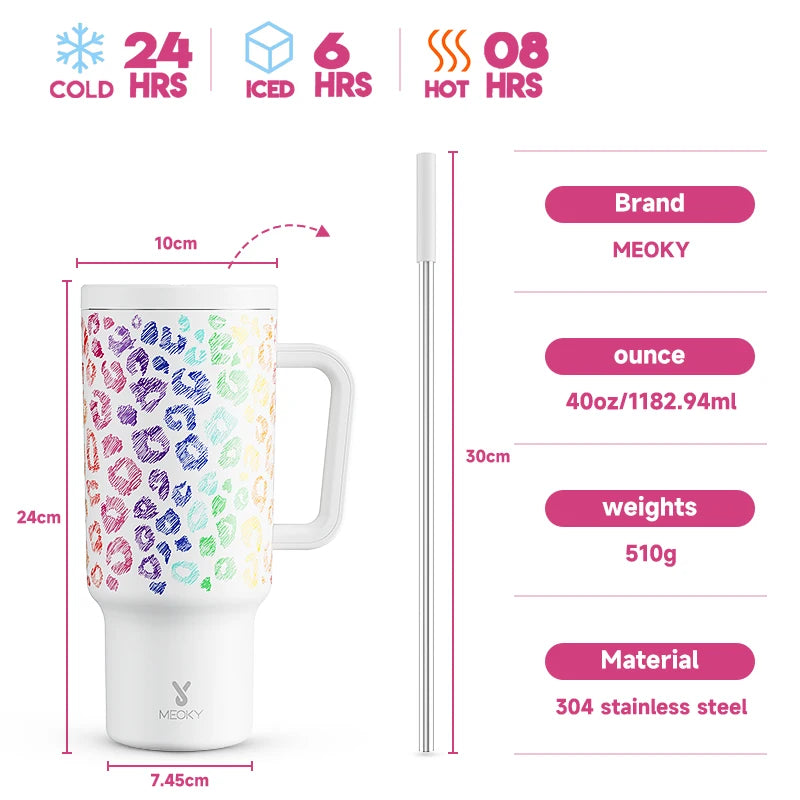 Meoky 40oz Cup Tumbler with Handle Straw Stainless Steel Multi-Prints Coffee Cup Travel Water Bottle Leak-Proof Car Mug Gifts