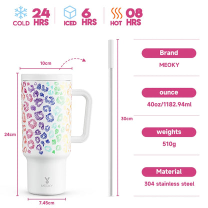 Meoky 40oz Cup Tumbler with Handle Straw Stainless Steel Multi-Prints Coffee Cup Travel Water Bottle Leak-Proof Car Mug Gifts