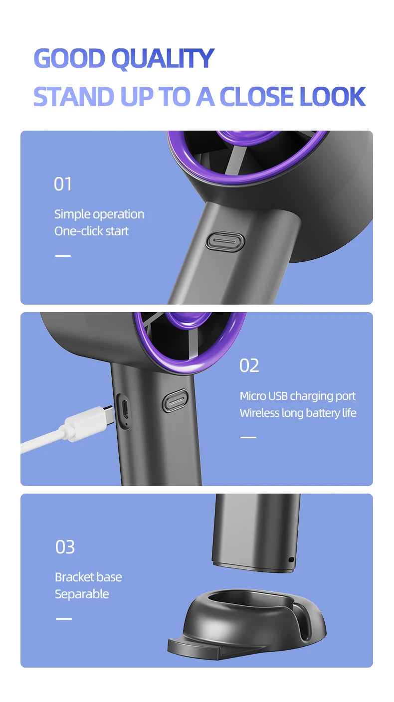 Mini Handheld Fan USB Fast Charging Portable Air Calculating Fan Mute Personal Highspeed Fan for Travel Outdoor Activities