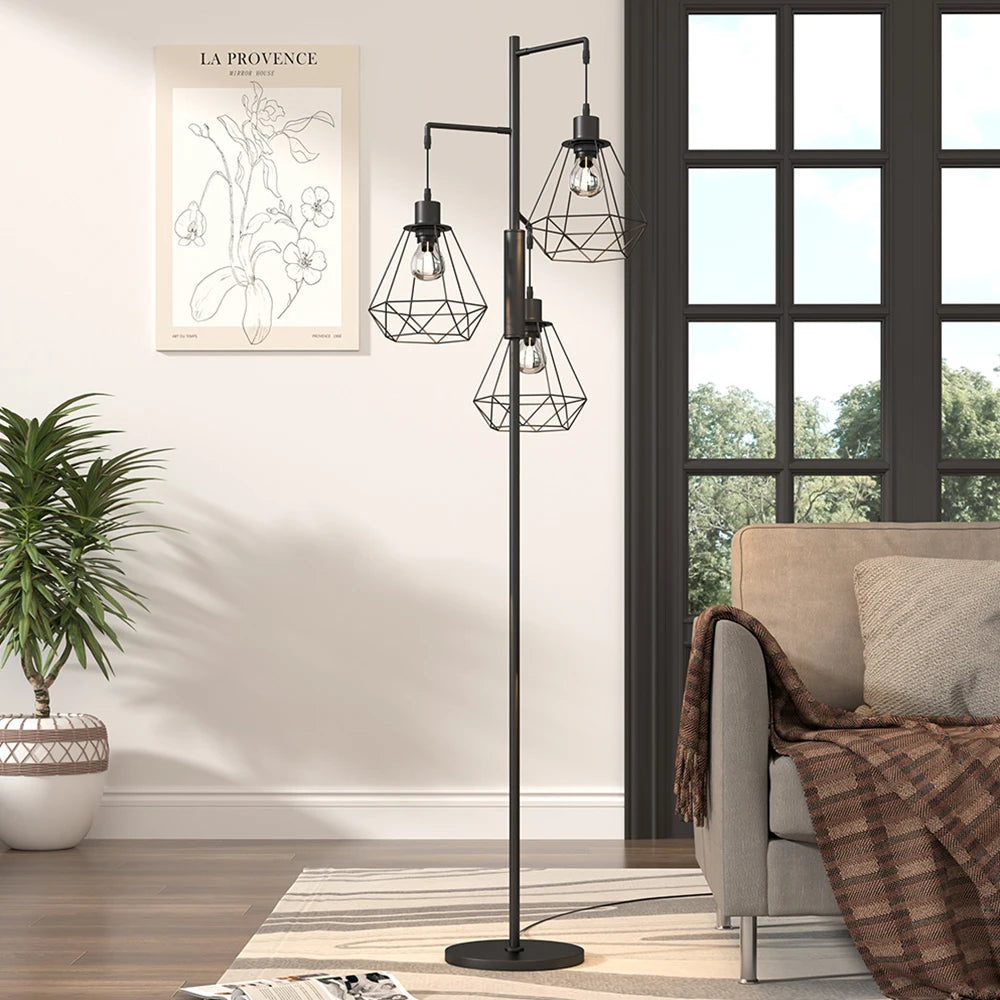 KOMORE Black Modern Industrial Style 3-head Floor Lamp with Irregular Shade for Living Room Office, Bedroom, Hallway, Porch
