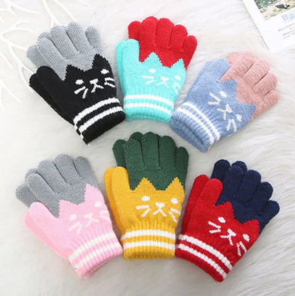 Cute Cartoon Kids Knitted Gloves Thick Fleece Children Five Finger Mittens 4-10Year Boys Girls Winter Hand Warmer Fashion Gloves