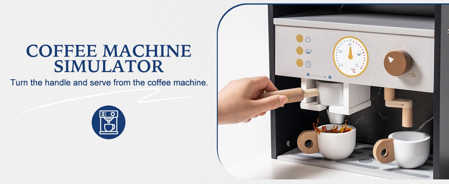 ROBOTIME Wooden Play Kitchen Toy Kitchen Set with Ice Maker and Coffee Machine Realistic Kitchen Set Gift for Toddlers