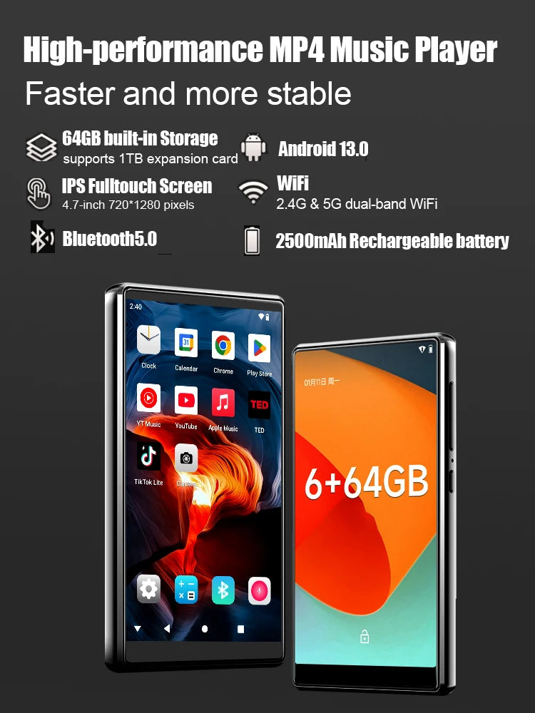 Famue MP3 Player Android 13 with Bluetooth and WiFi，MP3 MP4 Player with Spotify，Audible，Pandora，Standalone / Networked Version