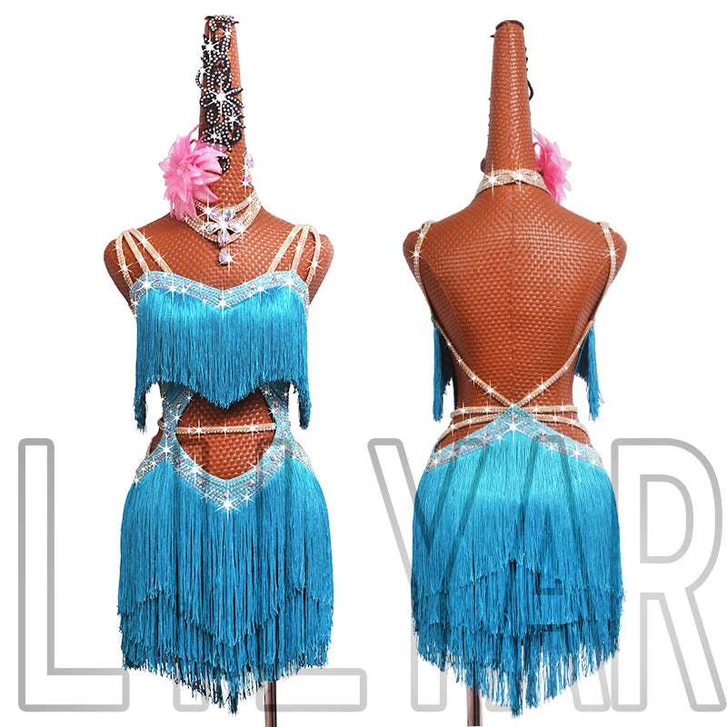New professional Latin dance competition performance dress with sea blue tassel short open waist sparkling diamond dance skirt