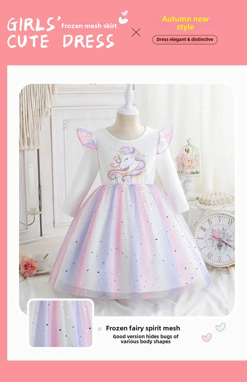 2024 Girls Long Sleeve Unicorn Birthday Dress Casual Children's Wear Rainbow Princess Skirt Sequins Mesh Gown