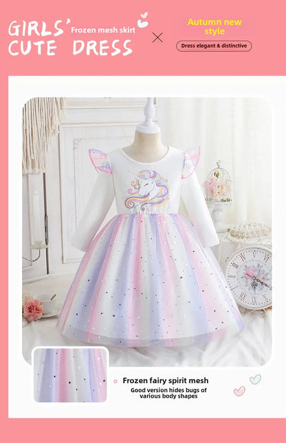 2024 Girls Long Sleeve Unicorn Birthday Dress Casual Children's Wear Rainbow Princess Skirt Sequins Mesh Gown