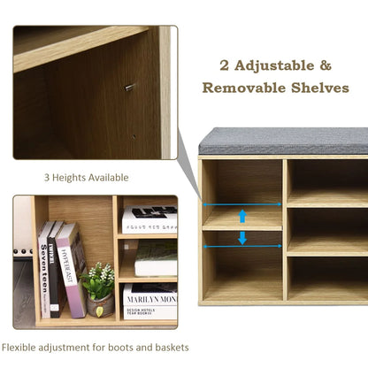 GOFLAME Wooden Shoe Bench Shoe Storage Rack Cabinet Organizer Seat Cushion-Natural