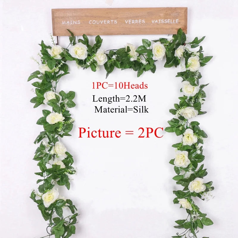 2.2M Artificial Rose Vine with 10 Blooms White pink  Faux Floral  Hanging Decor for Wedding Indoor Durable Plastic Plant