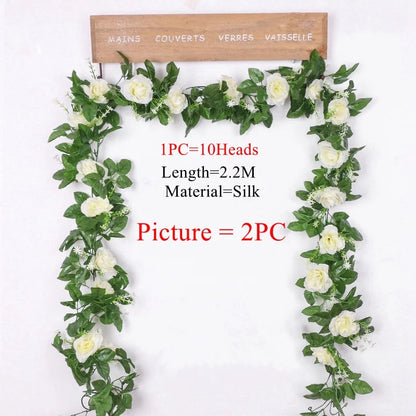 2.2M Artificial Rose Vine with 10 Blooms White pink  Faux Floral  Hanging Decor for Wedding Indoor Durable Plastic Plant