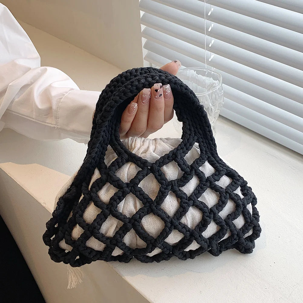 Summer Cotton Thread Woven Handbag Women Crochet Beach Bag Hollow Out Knitting Mini Top-Handle Bag Straw Mesh Boho Wristlet Bags