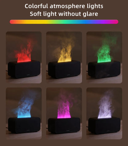 Luftbefeuchter mit Flammen-Aromatherapie-Diffusor, der ätherische Öle in 7 Farben aufnehmen kann, mit Timer und USB-Anschluss für den Schreibtisch.
