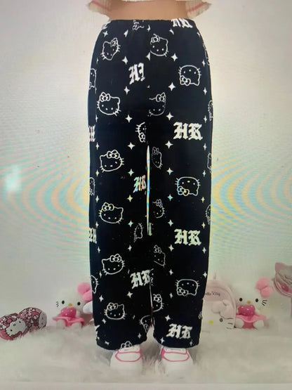 Halloween Cartoon Hello Kitty Flannel Pajamas Women's Autumn and Winter Plus Velvet Warm Casual Home Graffiti Pants