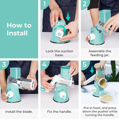 Manual Rotary Cheese Grater Shredder Kitchen Mandoline Vegetable Slicer with 3 Replaceable Stainless Steel Drum Blades YY001