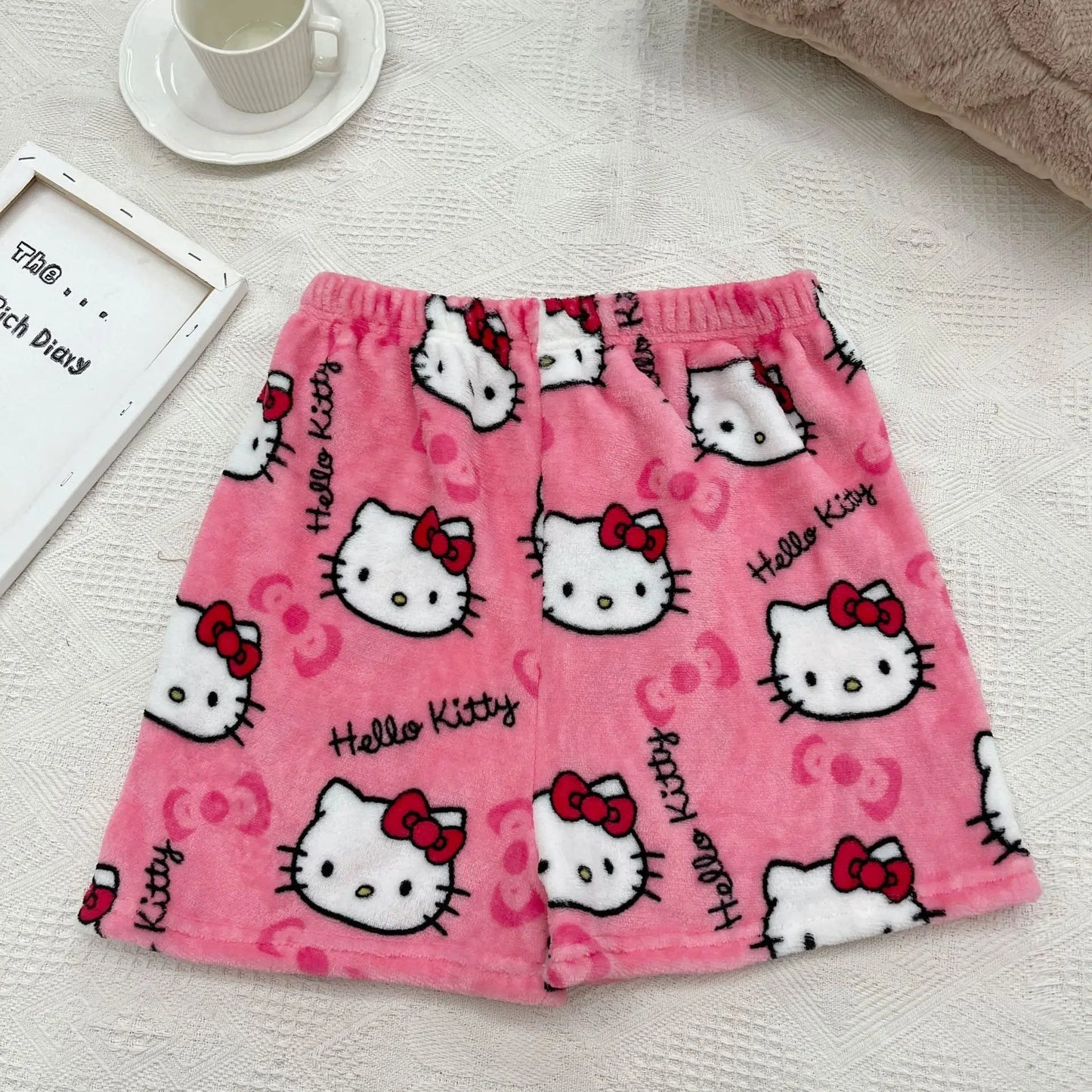 Halloween Cartoon Hello Kitty Flannel Pajamas Women's Autumn and Winter Plus Velvet Warm Casual Home Graffiti Pants