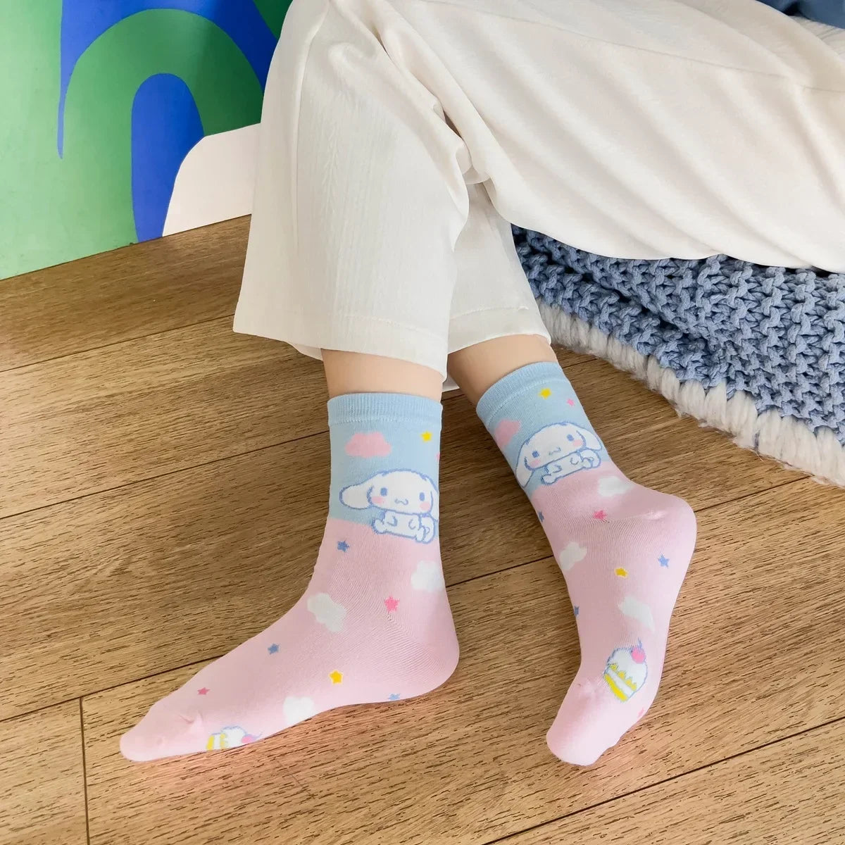 1pair Miniso Cinnamoroll Cartoon socks girl's blue combed cotton mid-tube stockings cute sanrio puppy stockings