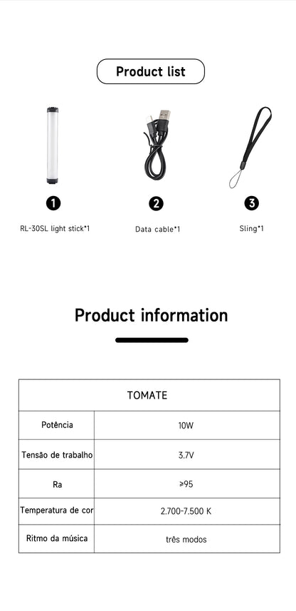 MIAOTU Handheld RGB Colorful Stick Light 30CM Handheld LED Light Wand CRI 95+ 2500K-9000K Photography Studio Lamp