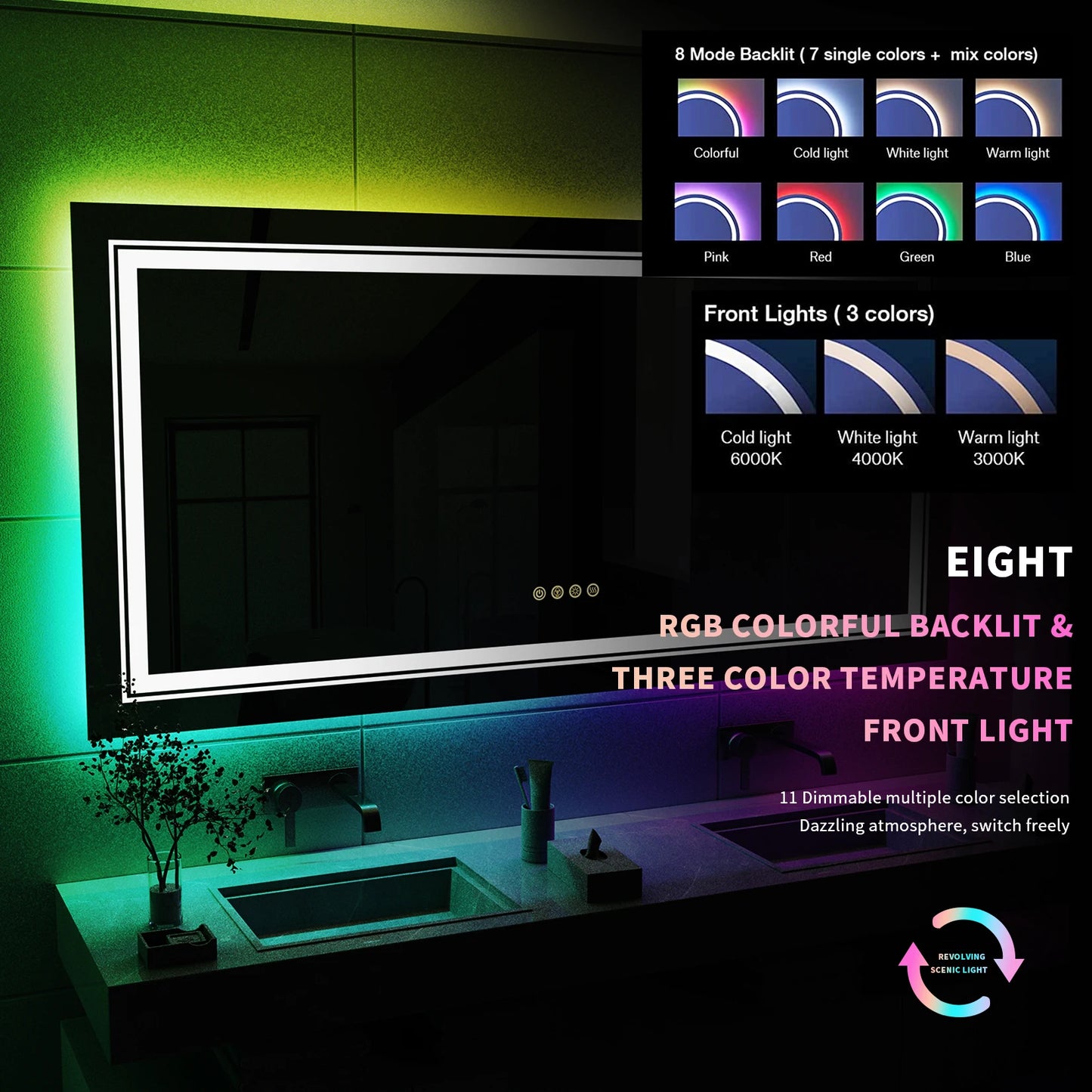 Large Full Size RGB LED Bathroom Mirror with Lights, Dimmable Wall Mirrors, Smart Anti-Fog, Vertical and Horizontal