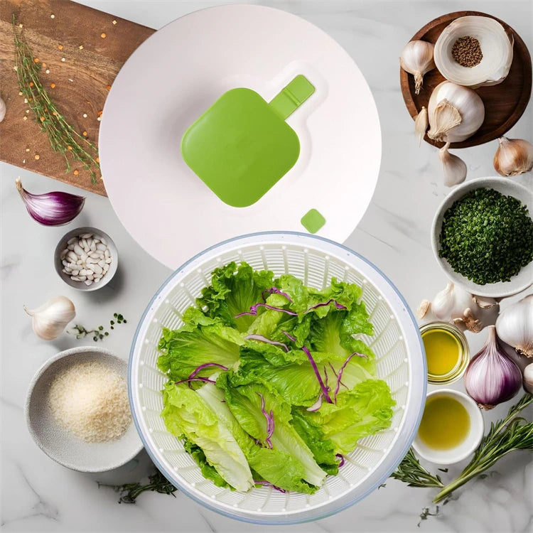 LMETJMA QuickPush Salatschleuder Groß 6,3 QT Gemüsewaschmaschine, Trockner, Sieb und Abtropfvorrichtung mit Abtropfschale und Sieb JT400