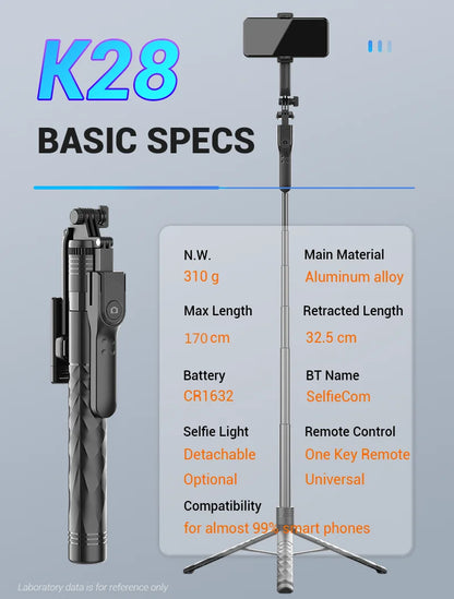 Roreta K28 Long Wireless Selfie Stick Tripod Stand Foldable Monopod With Remote shutter For Smartphones TIKTOK Shooting Live
