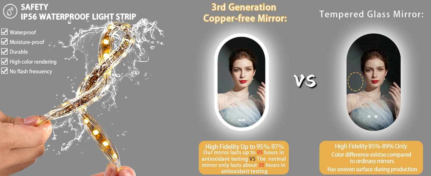 Backlit Smart LED Bathroom Mirror: Oval Dimmable 3 Colors Anti-Fog Mirrors with Light Memory - IP65 CRI95 Large Wall Mounted