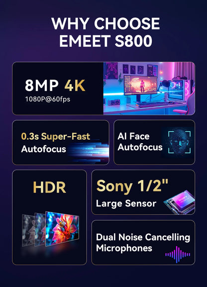 4K Webcam UHD Web Camera HDR Streaming Video Camera With Sony Sensor EMEET S800 USB Webcam With Dual Noise Cancelling Mics