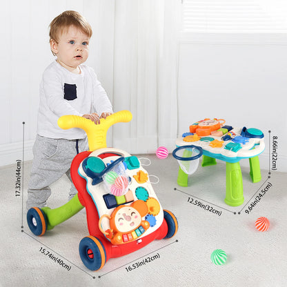 Baby Cartoon Push Walker Toys with Music Drawing Board Multifunction Activity Learning Walk Toddler Walker for 12M+ Infants