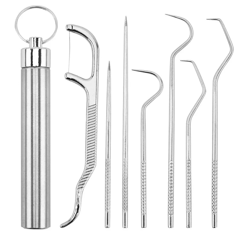 Stainless Steel Toothpicks Pocket Set, Portable Floss Pick Reusable Metal Toothpicks Tooth Cleaning Kit With Keychain Holder