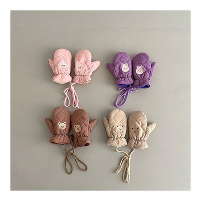 Kids Winter Gloves with Neck String - Warm Cartoon Mittens for Toddlers