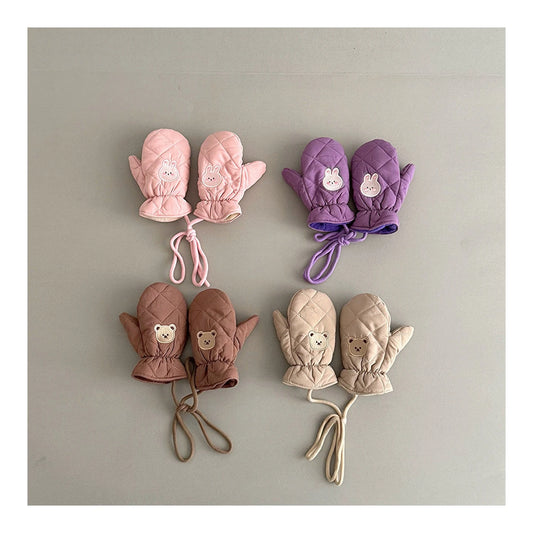 Kids Winter Gloves with Neck String - Warm Cartoon Mittens for Toddlers