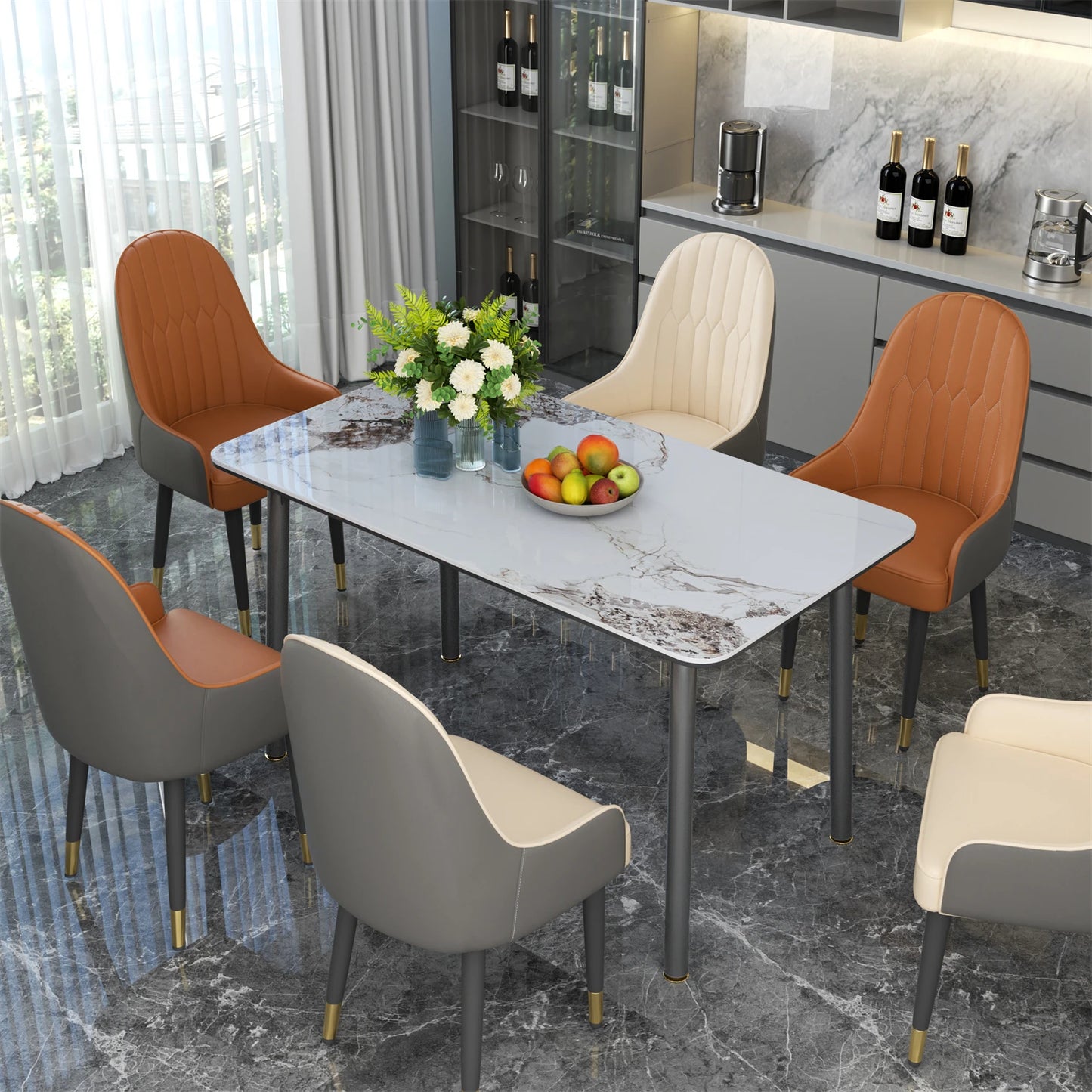 Ink Texture Sintered Stone & Glass Top Kitchen Dining Table No Chairs Rectangle Slate Dinner Table for Restaurant Cafe 1.4/1.6M