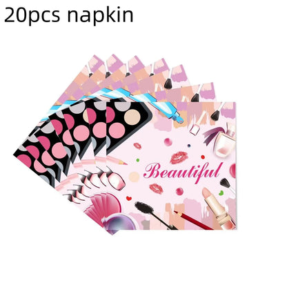 Make Up Theme Birthday Disposable Tableware Paper Plate Cups For Spa Makeup Girl Party Lipstick Red Lips Balloon Valentines Gift