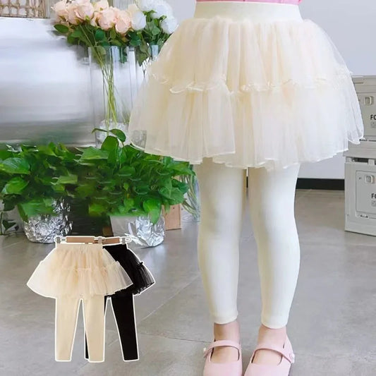 Kids Autumn Leggings Children Cute Thin Style Yarn Skirt Kids Solid Color Bow Skinny Pants