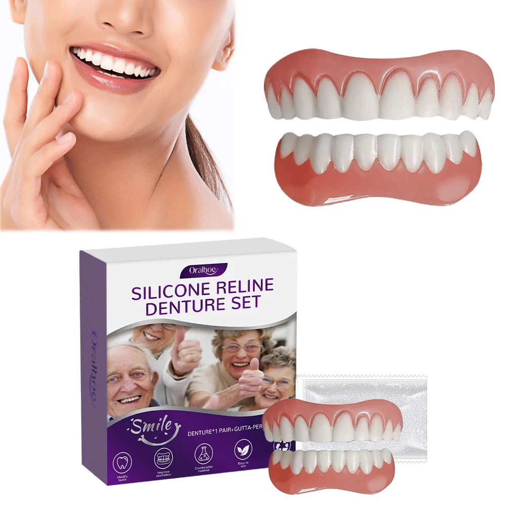 Silicone Reline Denture Set Wear-Resistant Soft Dentures False Teeth Non-Toxic Teeth Upper and Lower Set for Men Women