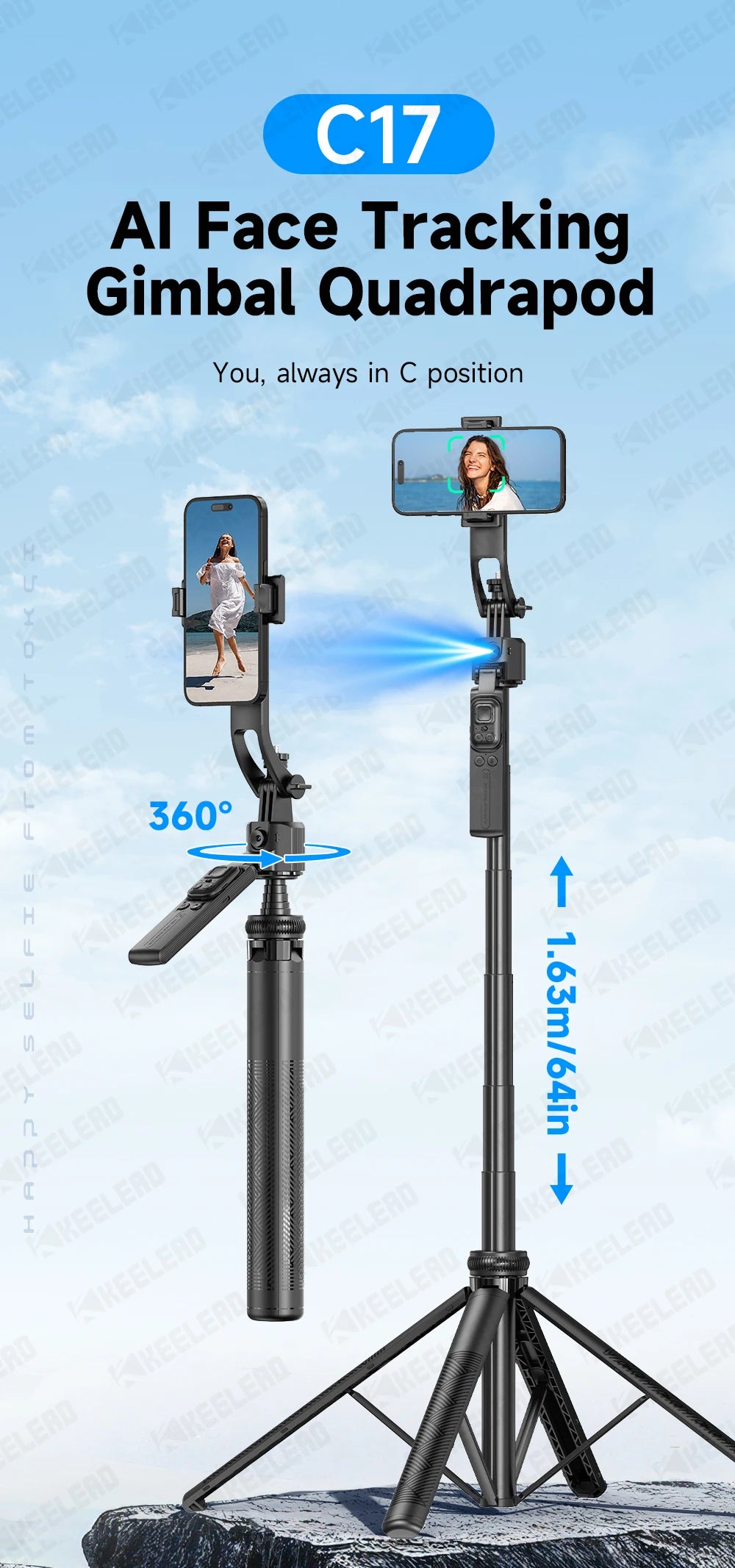 Tripod for Mobile Phone 360°Auto-Rotation Shooting C17 Quadrapod Selfie Stick Phone Stand AI Face Following, with Remote Control