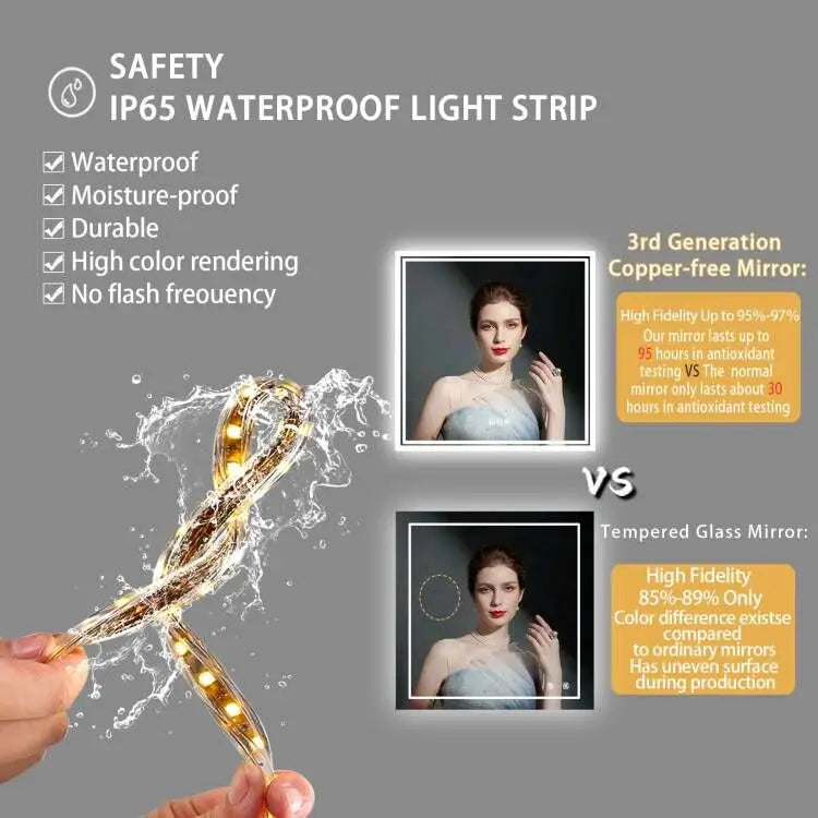 Square Backlit LED Mirror Dimmable Illuminated Bathroom Vanity Mirrors Anti-fog 3500K-6500K Smart Memory