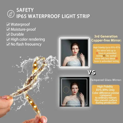 Square Backlit LED Mirror Dimmable Illuminated Bathroom Vanity Mirrors Anti-fog 3500K-6500K Smart Memory