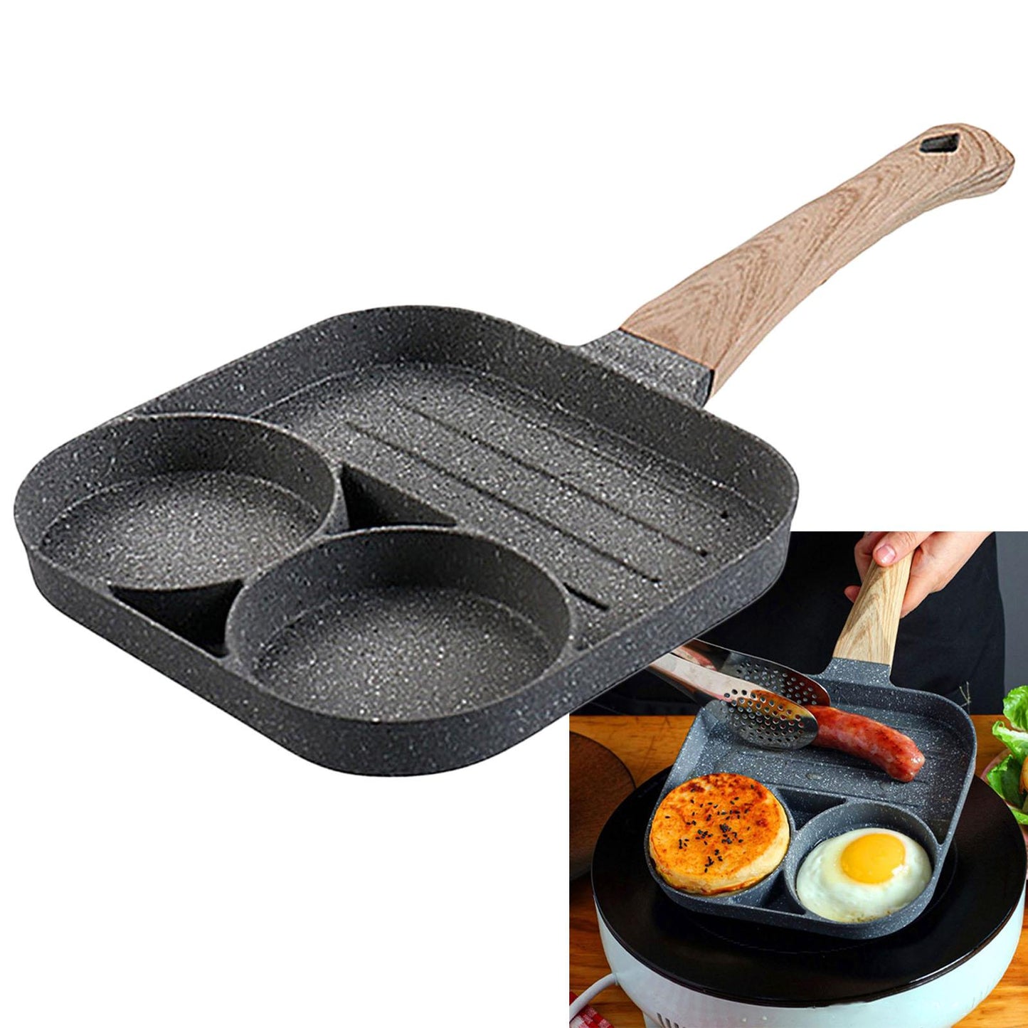 Egg Frying Pan Non Stick 3-Cup Burger Steak Pancake Sausage Omelet Breakfast Cooker Pan with Long Handle Cooking Tool