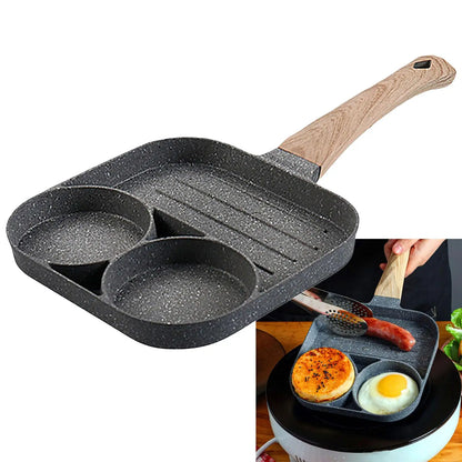 Egg Frying Pan Non Stick 3-Cup Burger Steak Pancake Sausage Omelet Breakfast Cooker Pan with Long Handle Cooking Tool