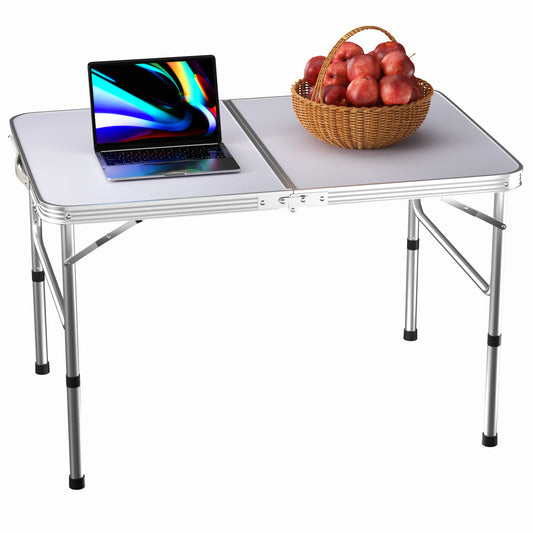 Picnic Folding Table Aluminium Foldable Adjustable Portable White Camping Table with Carrying Handle 90x60x37/67cm