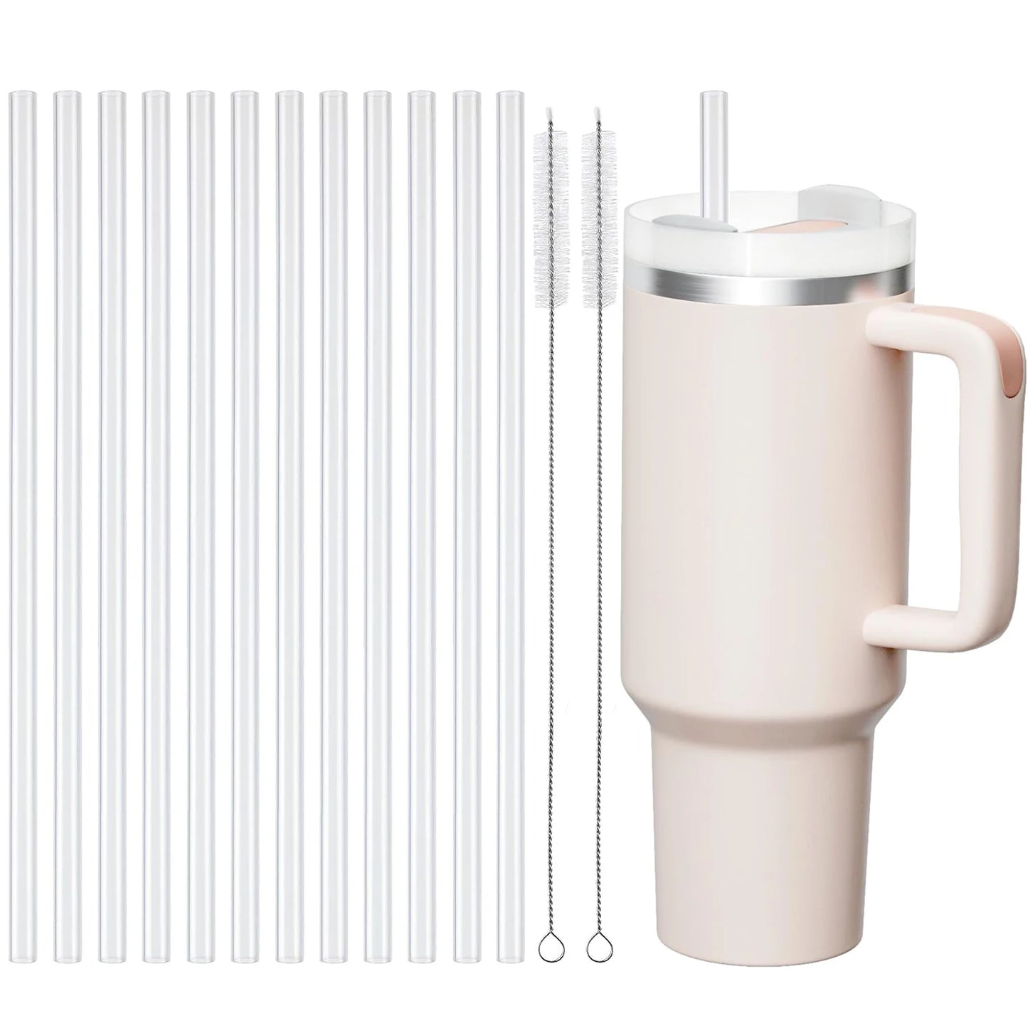 Stanley Cup Replacement Straws 40oz - 12 Pack Clear Reusable Straws with 2 Cleaning Brushes