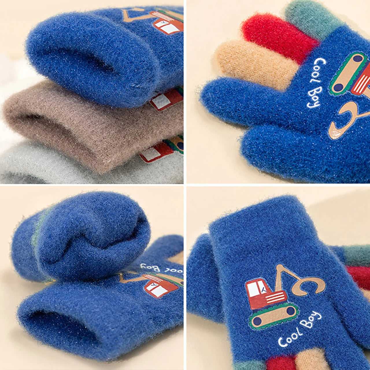 Kids Winter Gloves - Cute Excavator Cartoon Knitted Mittens for Boys & Girls (Ages 7-13)