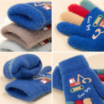 Kids Winter Gloves - Cute Excavator Cartoon Knitted Mittens for Boys & Girls (Ages 7-13)