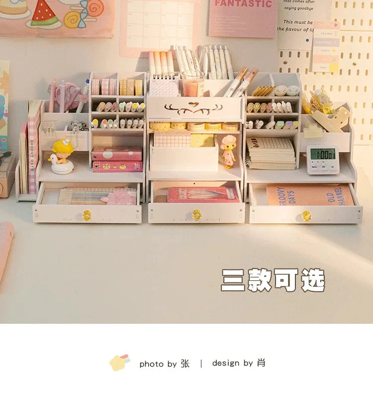 Mark Pen Pencil Holder Wooden Desk Organizers Shelves Accessories Desktop Stationery Organizer Bookshelf Home Office Storage Box