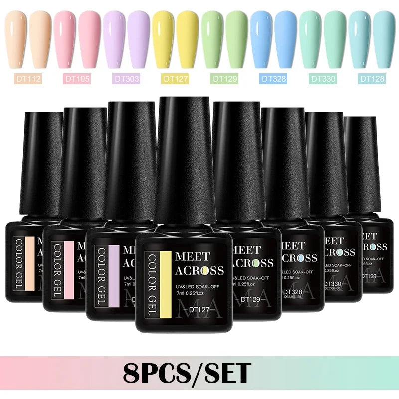 MEET ACROSS 8-teiliges Gel-Nagellack-Set für alle Jahreszeiten, Neon-Marcaron-Grün-Rot-Serie, UV-Gel-Lack-Maniküre-Set, Nagelzubehör