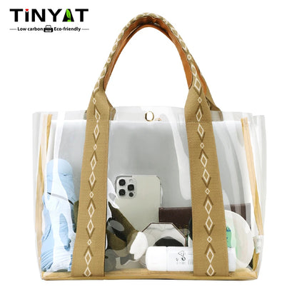 TINYAT Khaki Bohemian Style Clear PVC Tote Bag for Women, Transparent Shopper Clutch Purse for Daily Use and Music Festivals