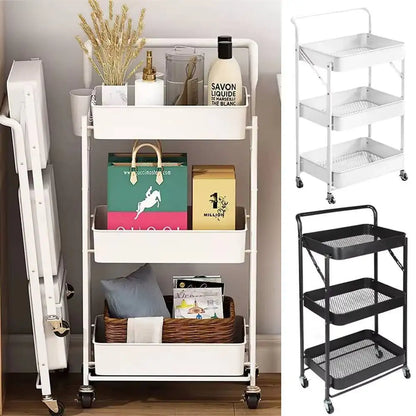 3 Tier Metal Folding Trolley Cart Storage Rack Rolling Shelf Beauty Office Wheel