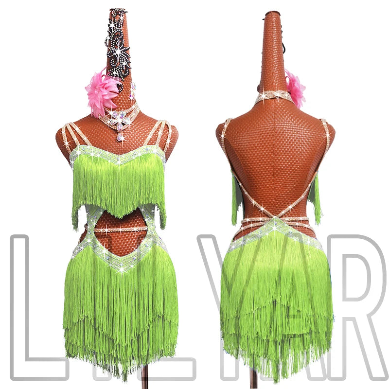 New professional Latin dance competition performance dress with sea blue tassel short open waist sparkling diamond dance skirt